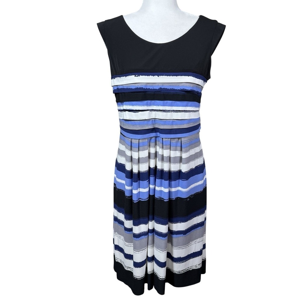 Sandra Darren Blue Black Striped Midi Dress Womens 12 Fit Flare Sleeveless